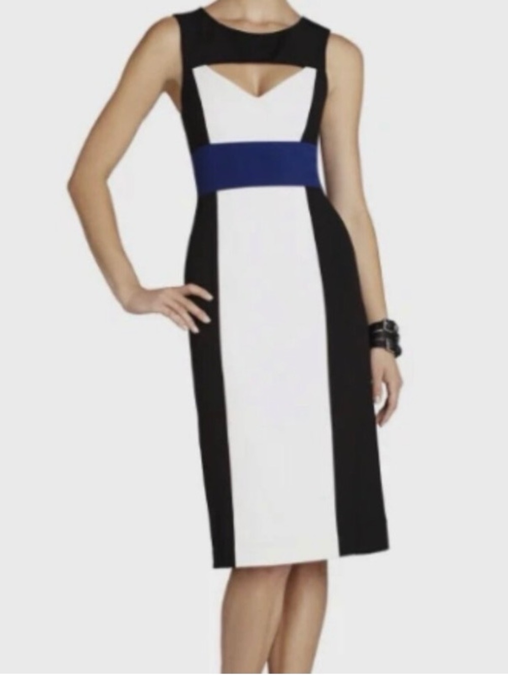 BCBGMaxAzria Black, White & Blue Colorblock Midi Dress